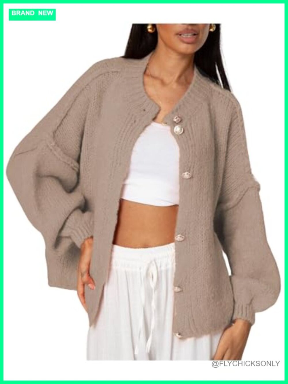Oversized Chunky Knit Cardigan Button Up Lantern Sleeve Sweater